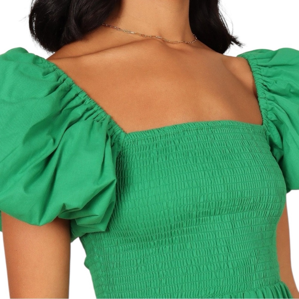 PETAL & PUP new Morgan Annette Green Shirred A-Line Puff Sleeve Tier Dress NWOT - Picture 6 of 15